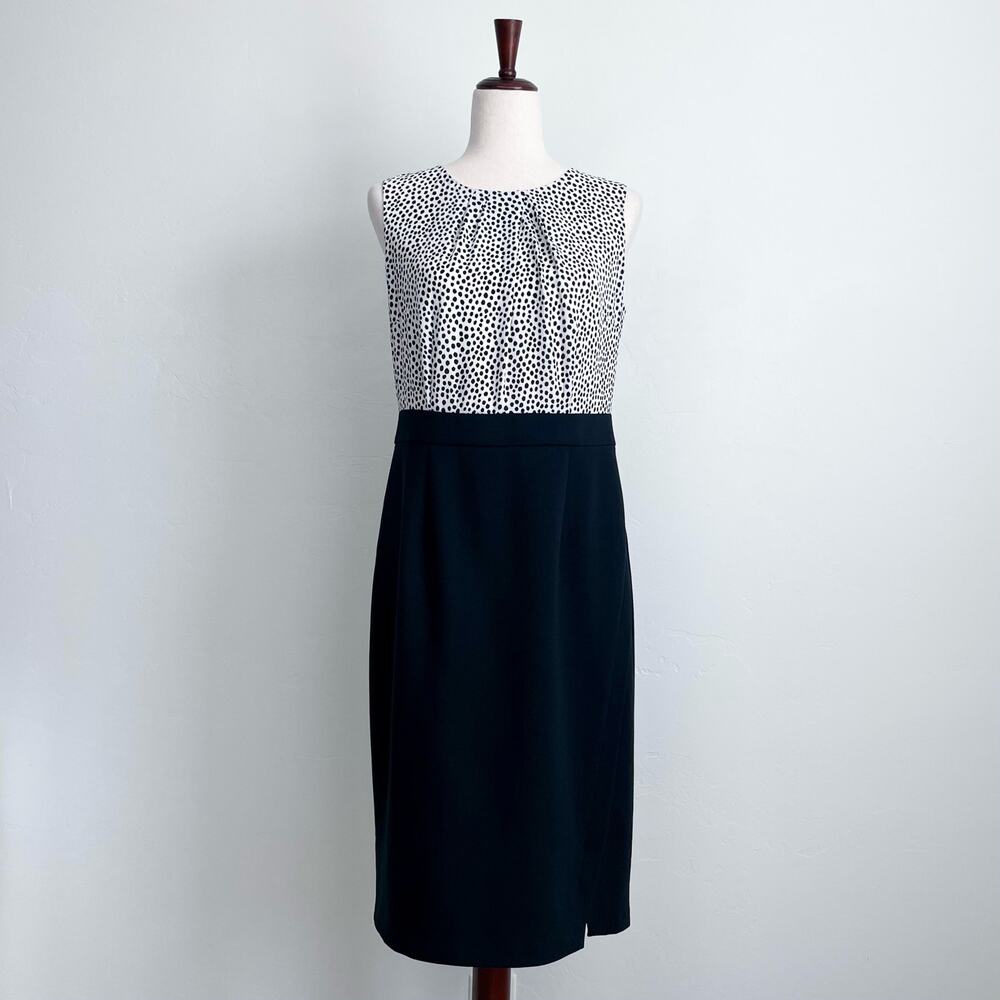 Talbots Polka Dot Black White Sleeveless Blouson Pencil Sheath Career Dress